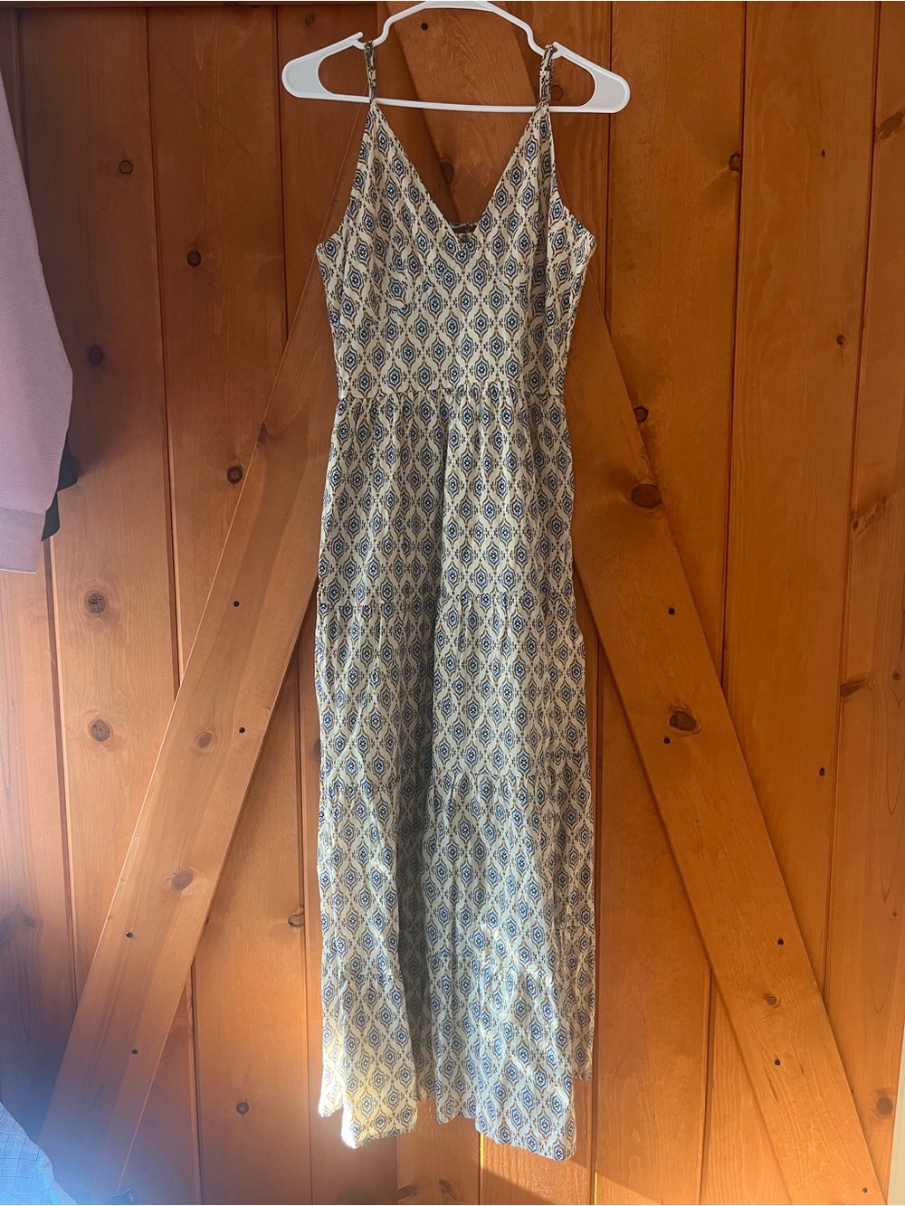 Bila Blue and Cream Diamond-Print Spaghetti Strap Maxi Dress